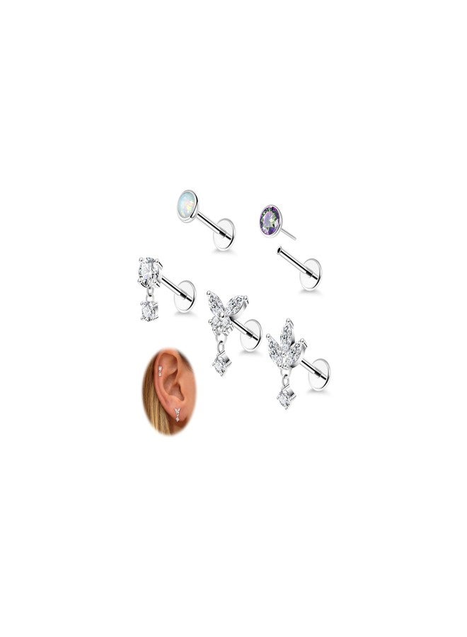 NICEIGHT 5Pcs 18G Surgical Steel Threadless Cartilage Labret Monroe Stud Earrings for Women Push in Flat Back Helix Tragus Lip Stud Earrings Conch Nose Stud Piercing Jewelry 6MM Silver - Image 1